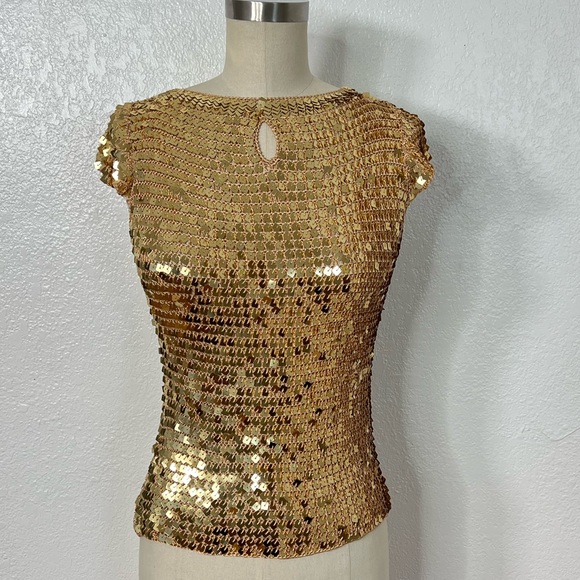 Vintage Tops - Vintage Iquitos gold effect sequin knit festival burning man party top S